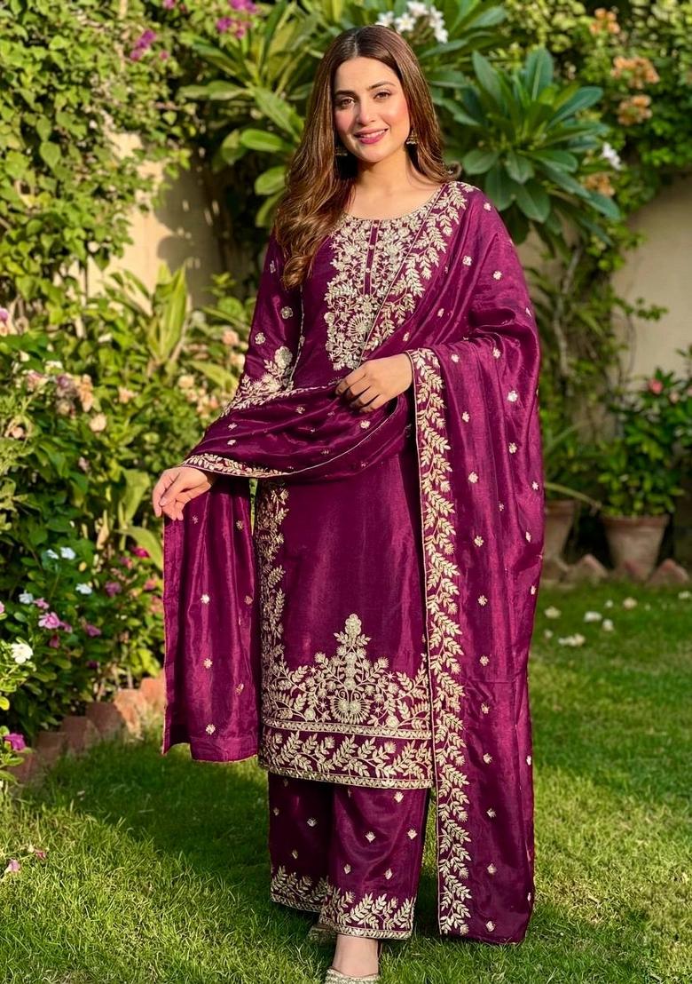 Wine Embroidered Silk Kurta Set - Indya