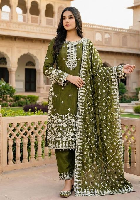 Green Embroidered Silk Kurta Set