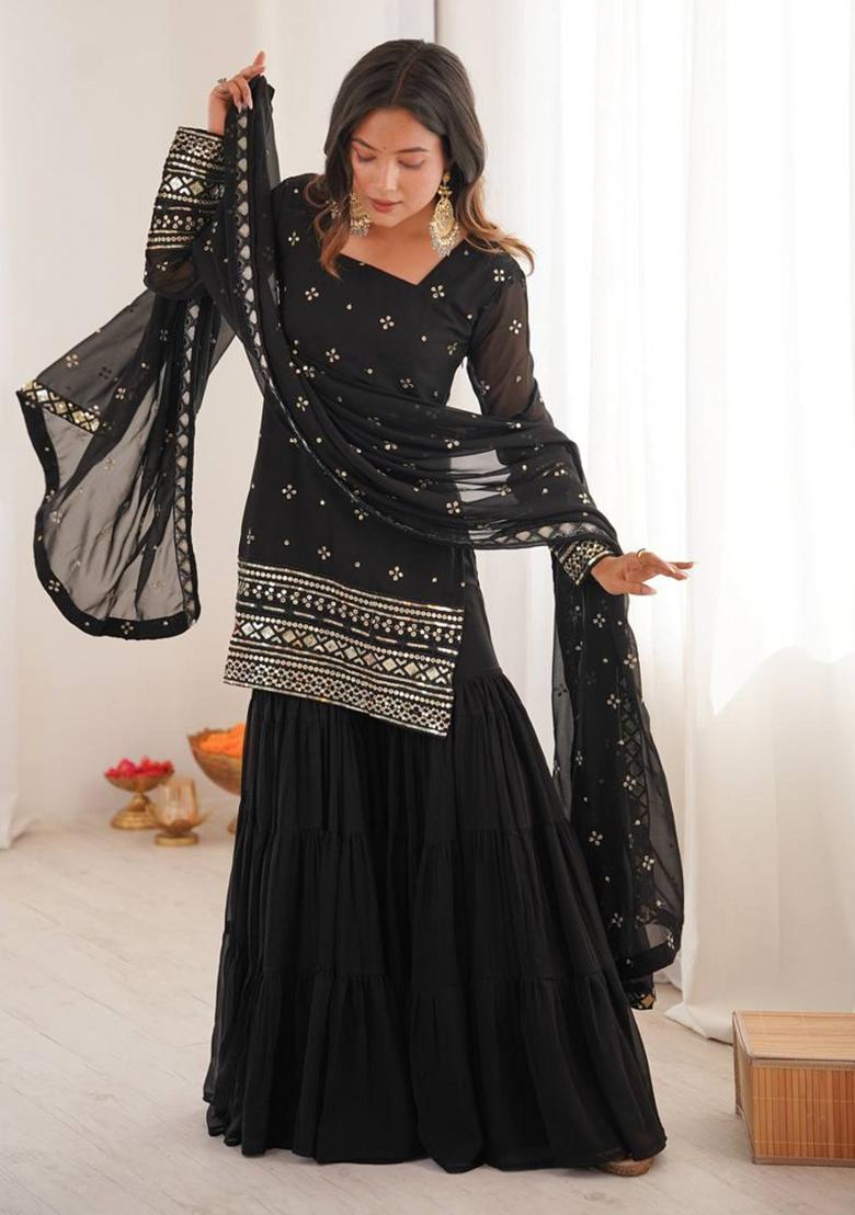 Black Embroidered Georgette Kurta Set - Indya
