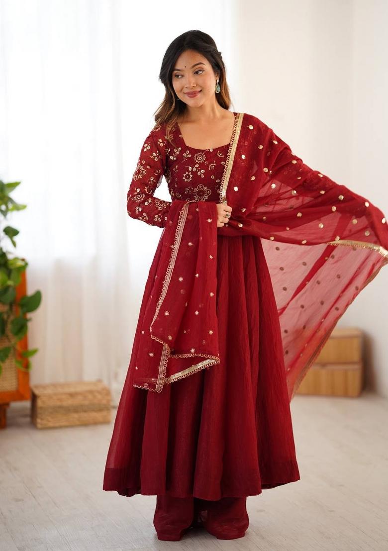 Maroon Embroidered Silk Kurta Set - Indya
