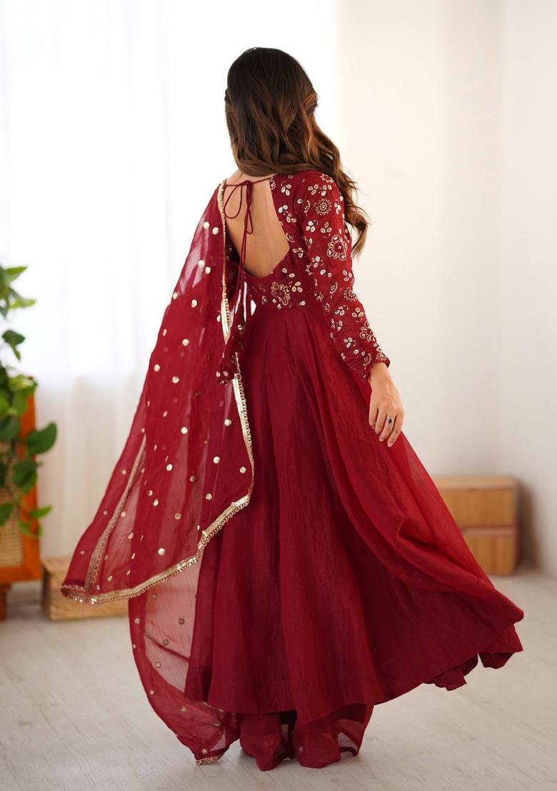 Maroon Embroidered Silk Kurta Set - Indya