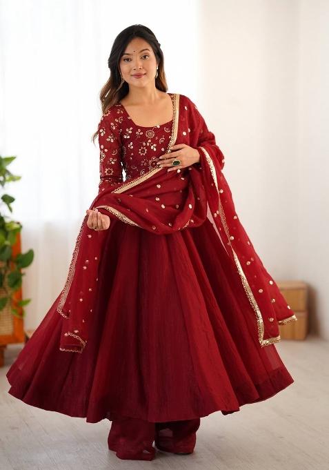 Maroon Embroidered Silk Kurta Set