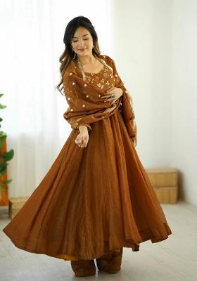 Mustard Embroidered Silk Kurta Set