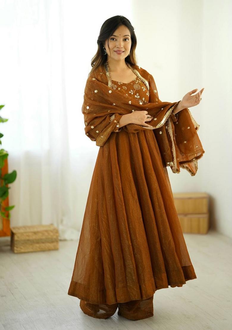 Mustard Embroidered Silk Kurta Set - Indya