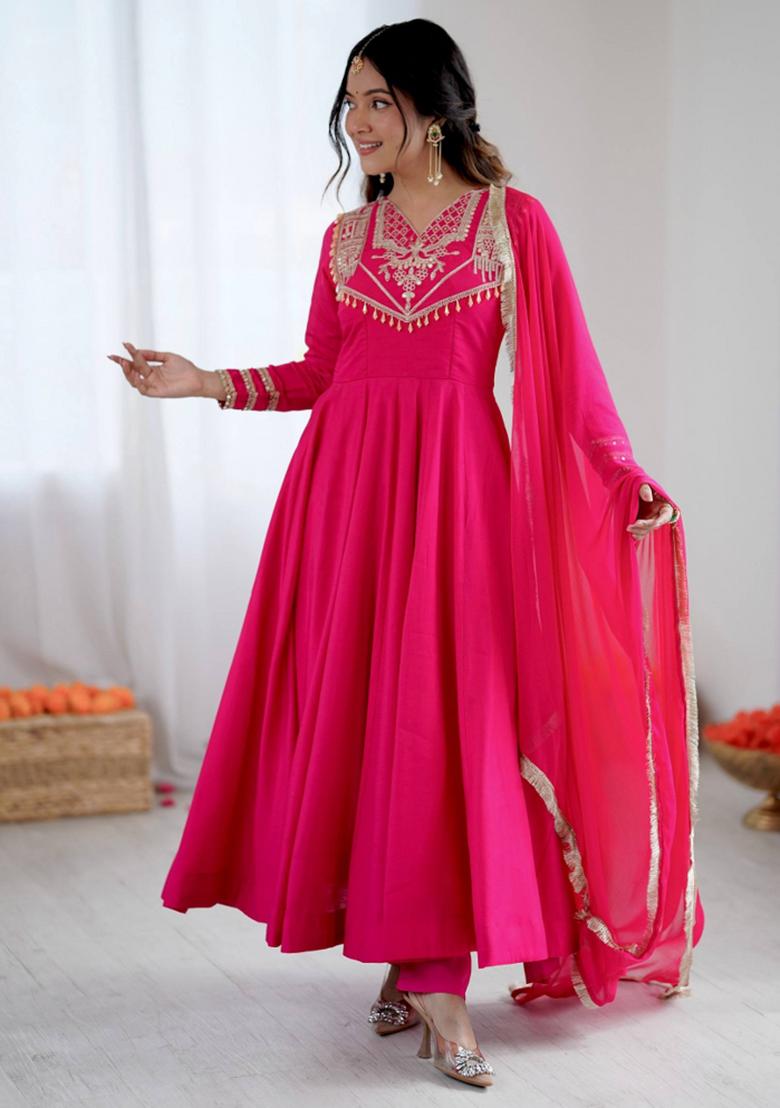 Pink Embroidered Silk Kurta Set - Indya
