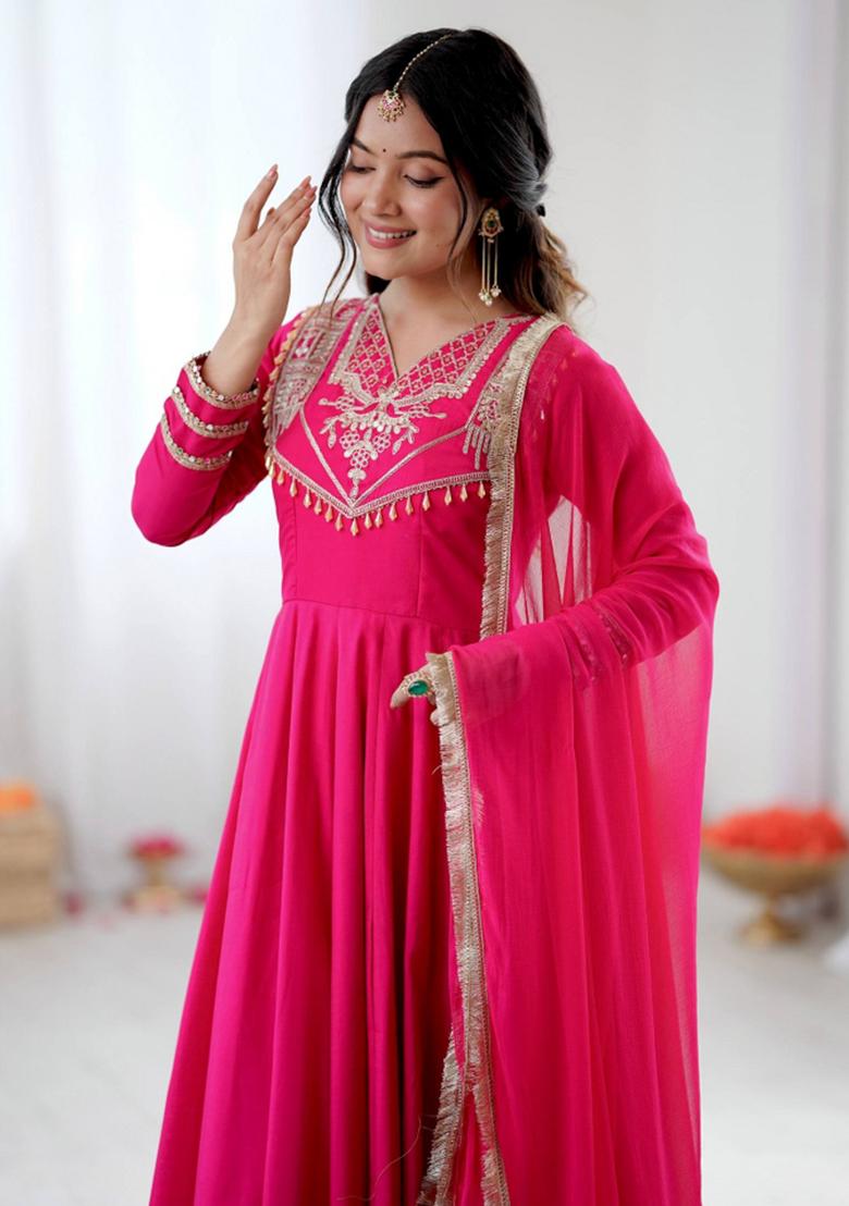 Pink Embroidered Silk Kurta Set - Indya