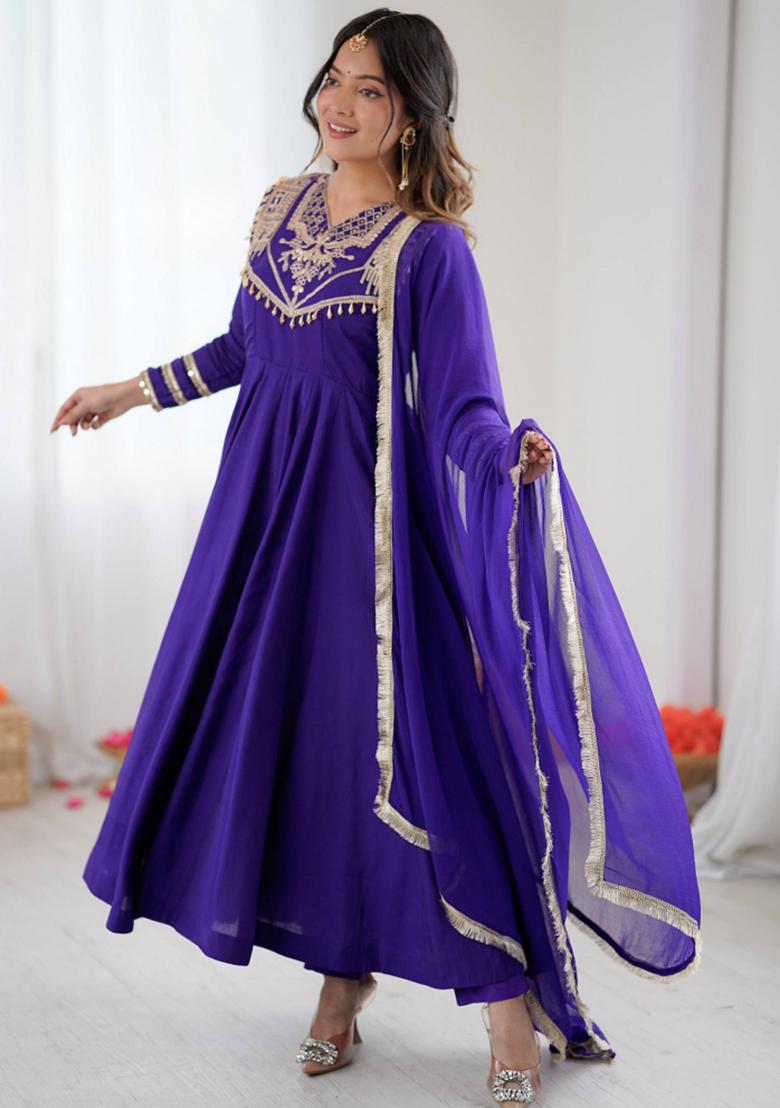 Purple Embroidered Silk Kurta Set - Indya