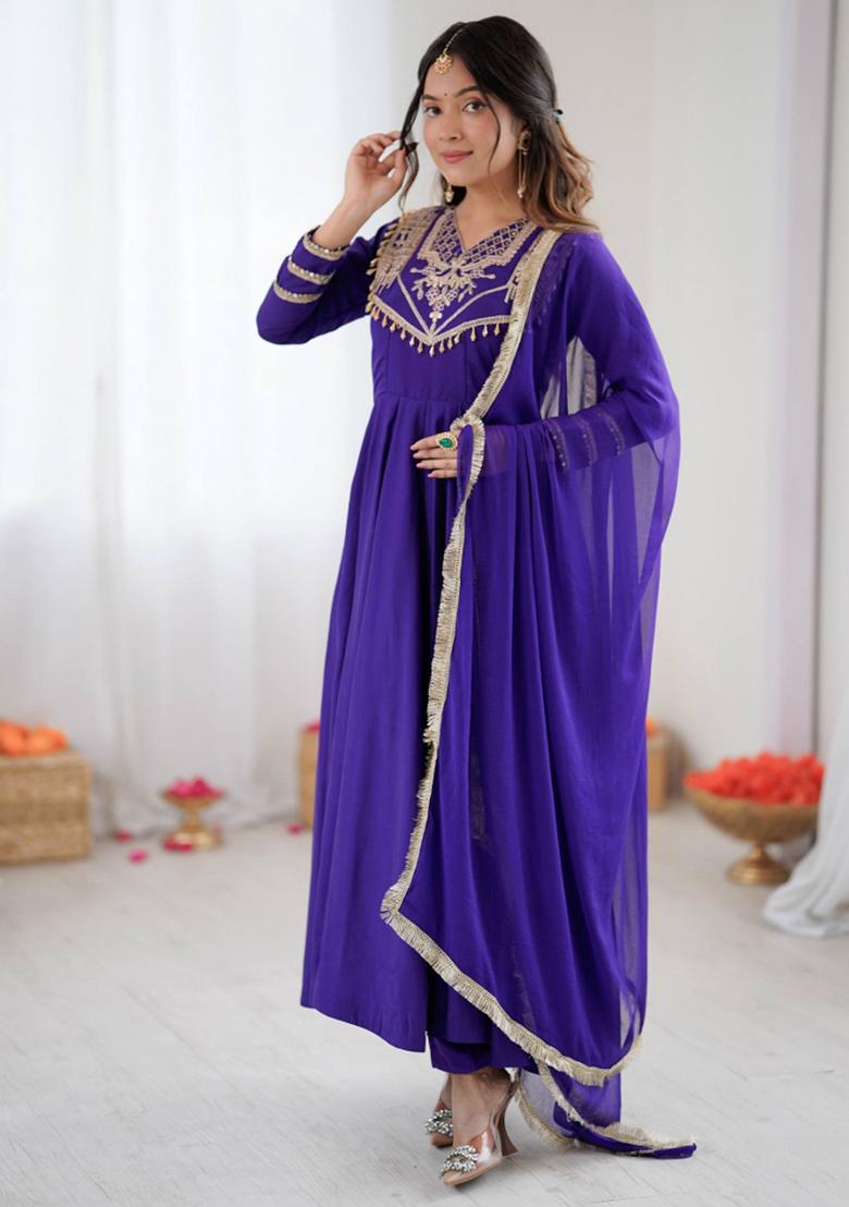 Purple Embroidered Silk Kurta Set - Indya