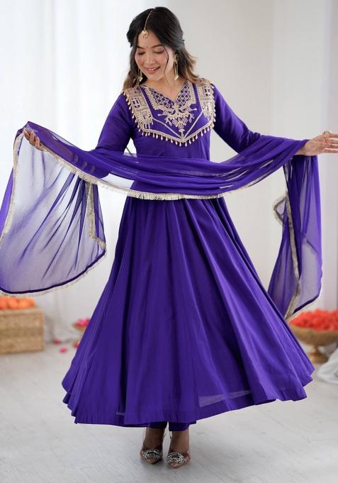 Purple Embroidered Silk Kurta Set