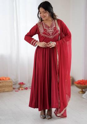Rani Pink Embroidered Silk Kurta Set