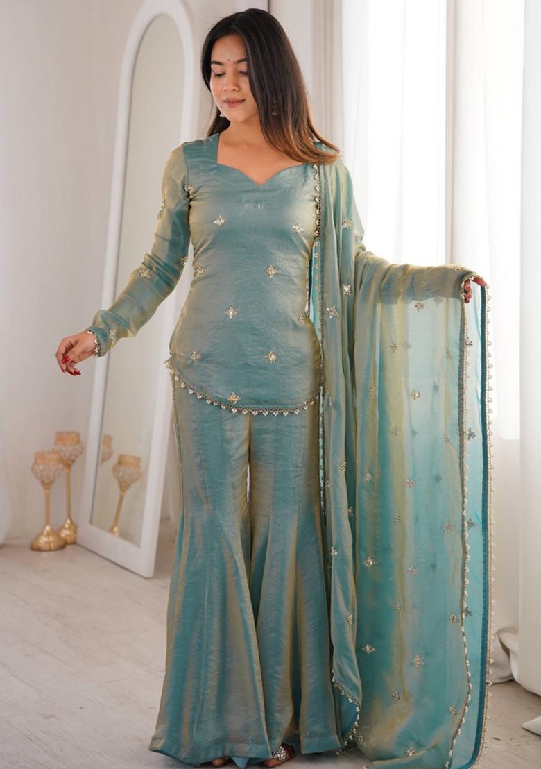 Teal Embroidered Silk Kurta Set - Indya