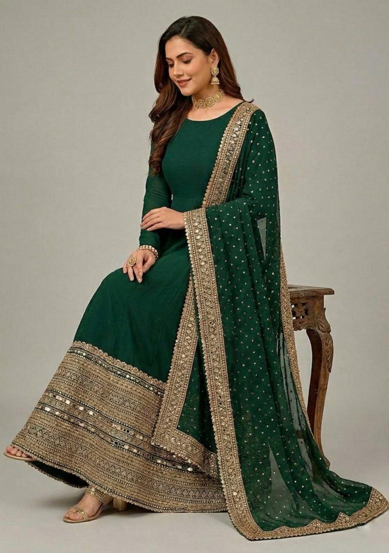 Green Embroidered Silk Kurta Set - Indya