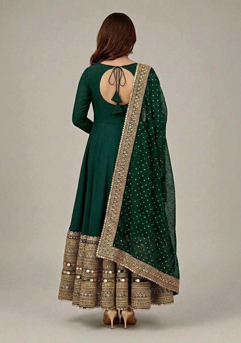 Green Embroidered Silk Blend Anarkali Set - Indya