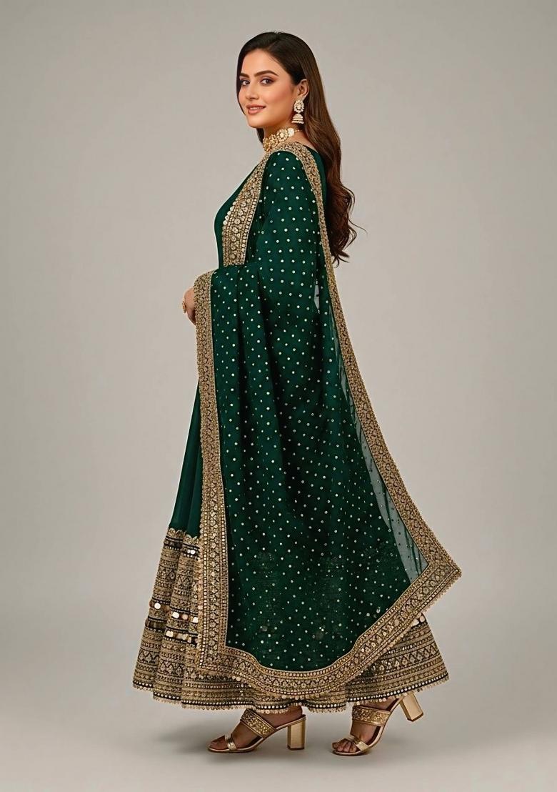 Green Embroidered Silk Kurta Set - Indya