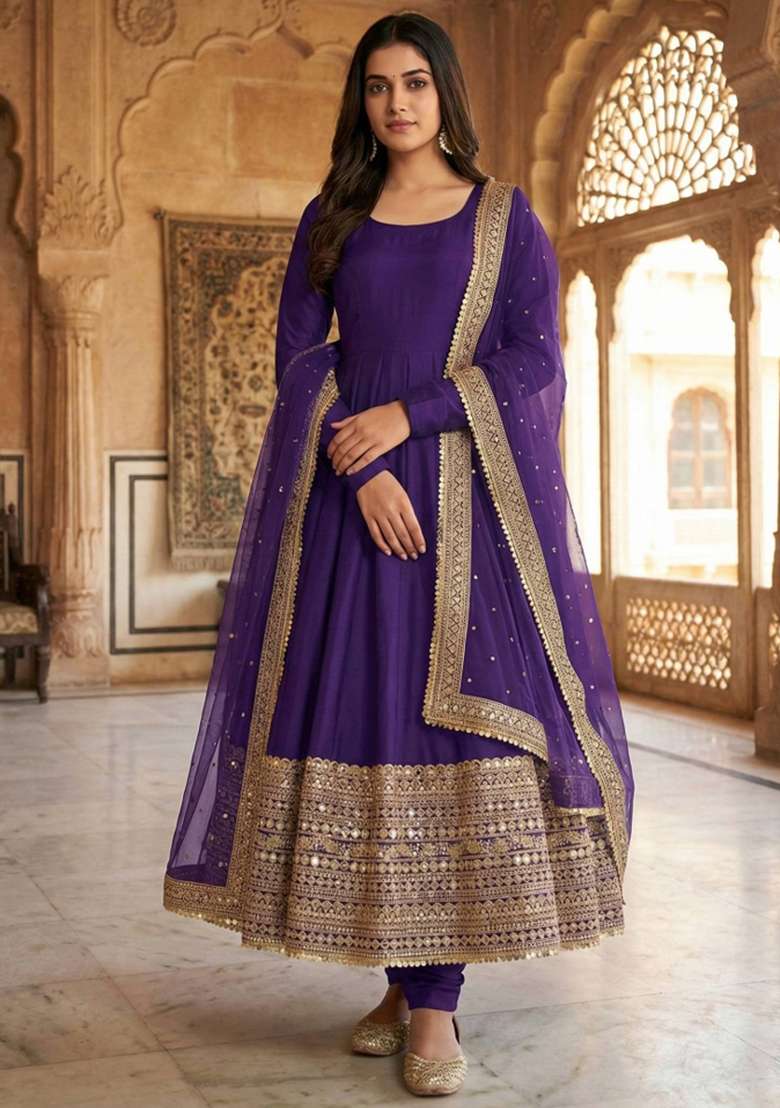 Purple Embroidered Silk Blend Anarkali Set - Indya