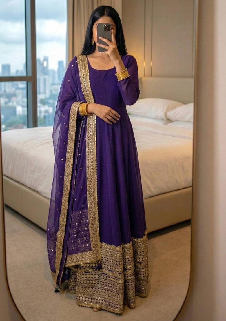 Purple Embroidered Silk Kurta Set - Indya