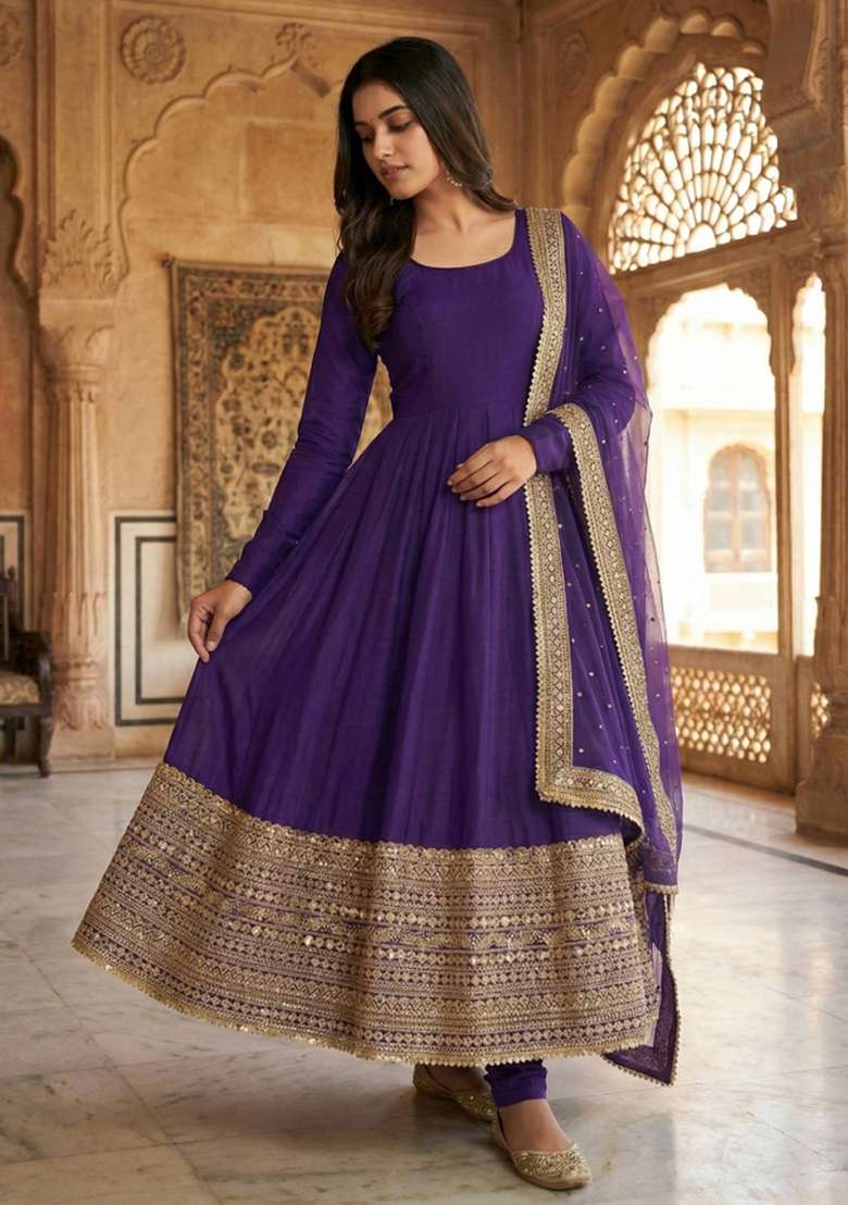 Purple Embroidered Silk Blend Anarkali Set - Indya
