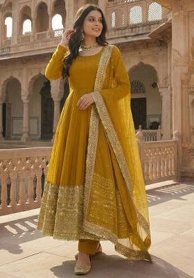 Yellow Embroidered Silk Kurta Set