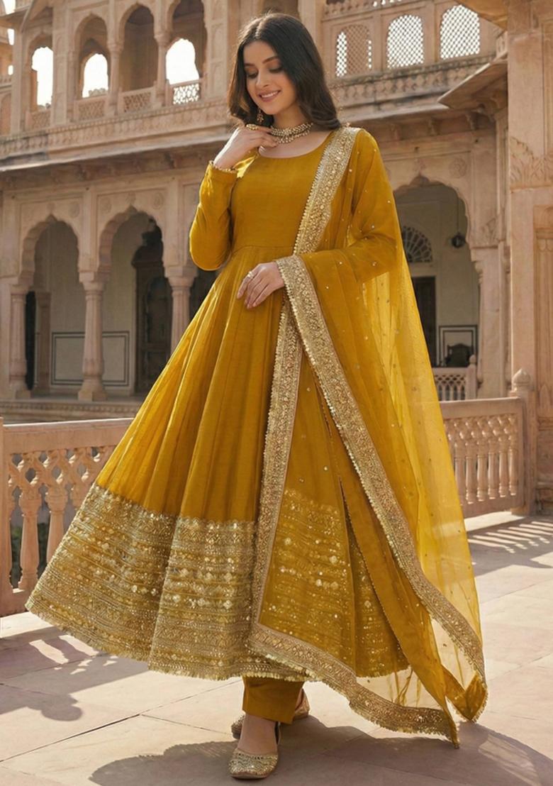 Yellow Embroidered Silk Kurta Set - Indya