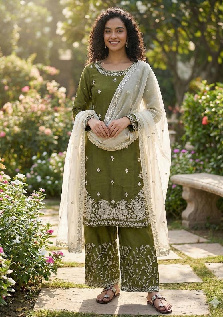 Mehendi Embroidered Silk Kurta Set - Indya