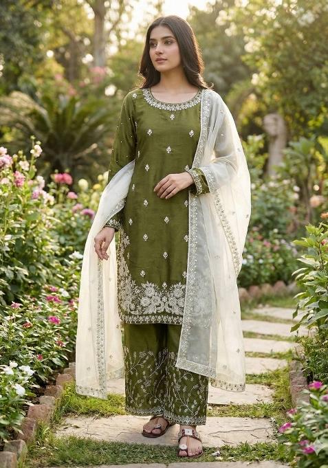 Mehendi Embroidered Silk Kurta Set