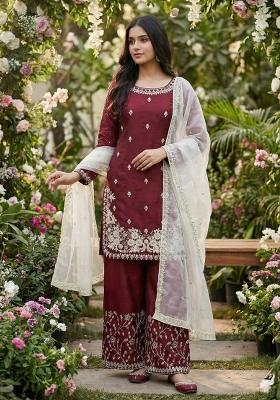 Maroon Embroidered Silk Kurta Set