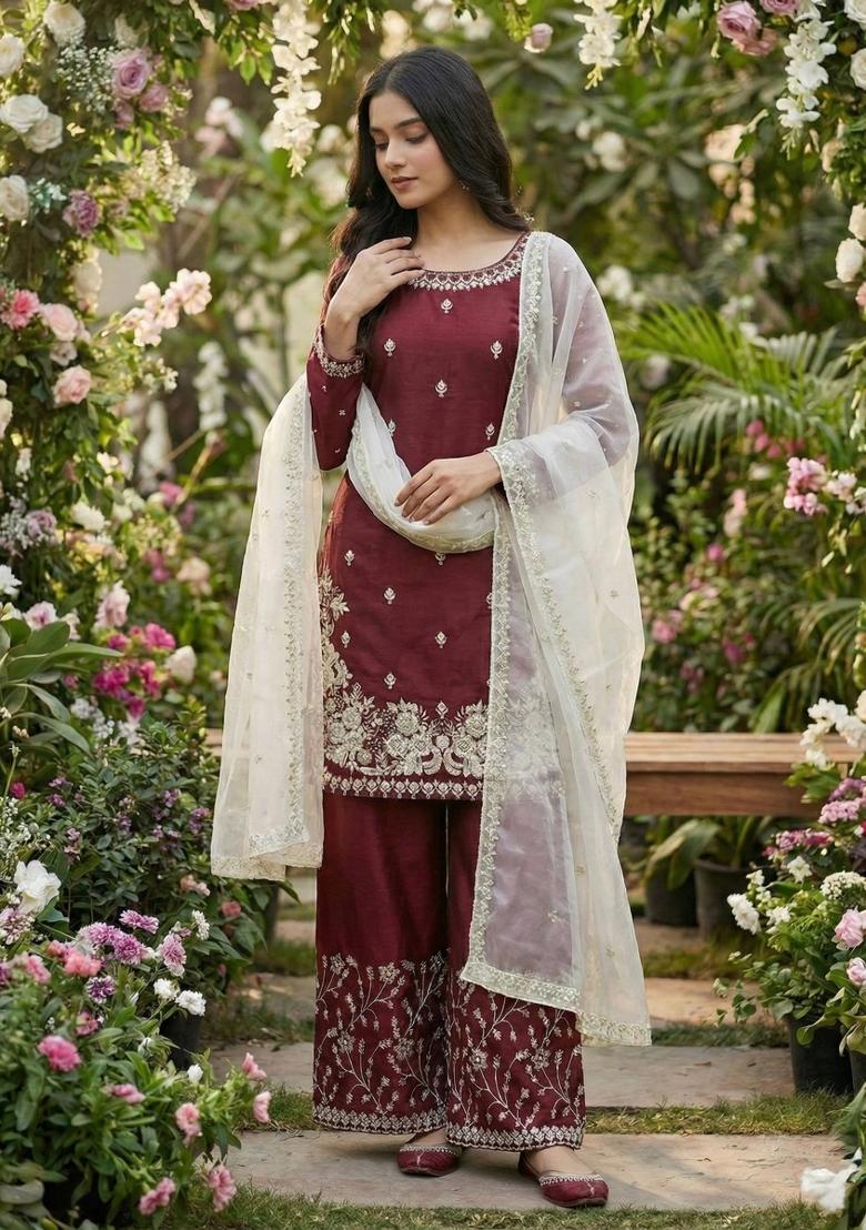 Maroon Embroidered Silk Kurta Set - Indya
