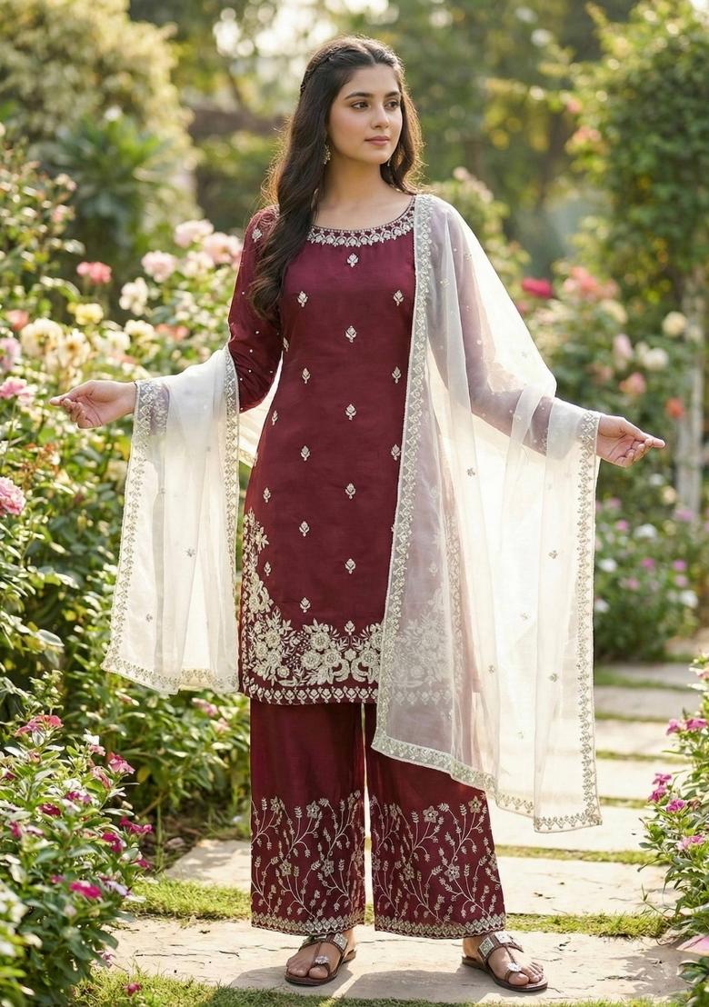 Maroon Embroidered Silk Kurta Set - Indya