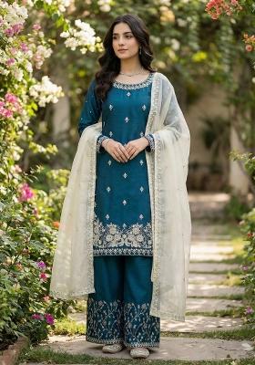 Teal Embroidered Silk Kurta Set