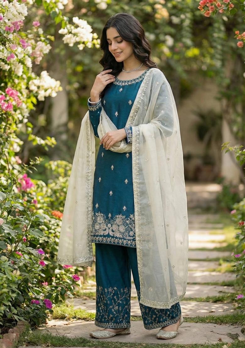 Teal Embroidered Silk Kurta Set - Indya
