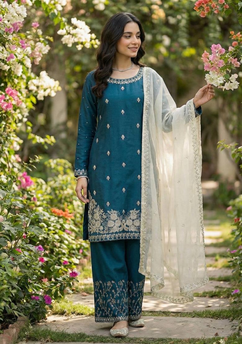Teal Embroidered Silk Kurta Set - Indya