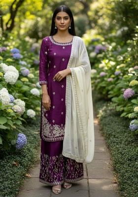Wine Embroidered Silk Kurta Set