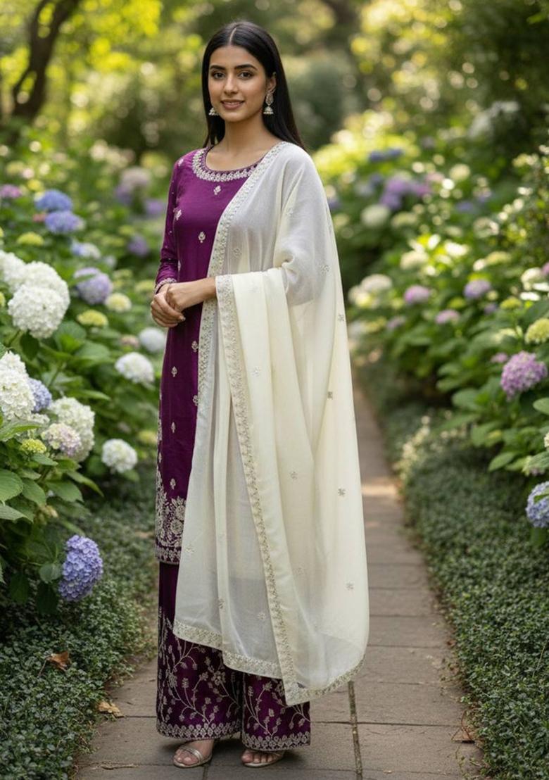 Wine Embroidered Silk Kurta Set - Indya