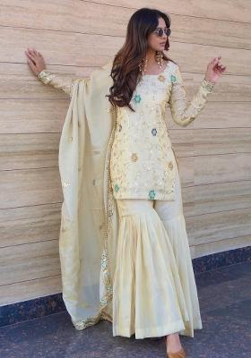 Cream Embroidered Silk Kurta Set