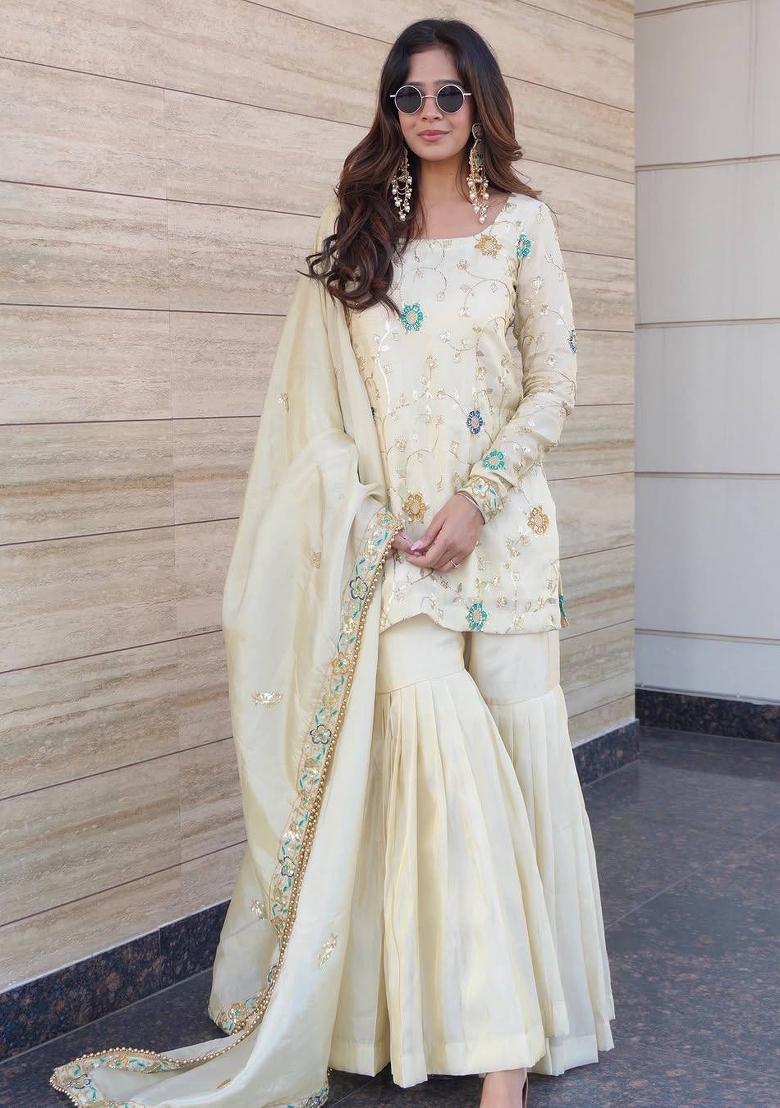 Cream Embroidered Silk Kurta Set - Indya