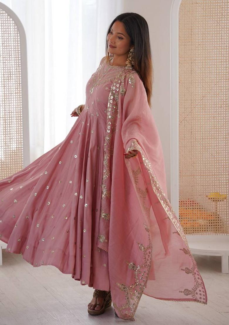 Baby Pink Embroidered Silk Kurta Set - Indya