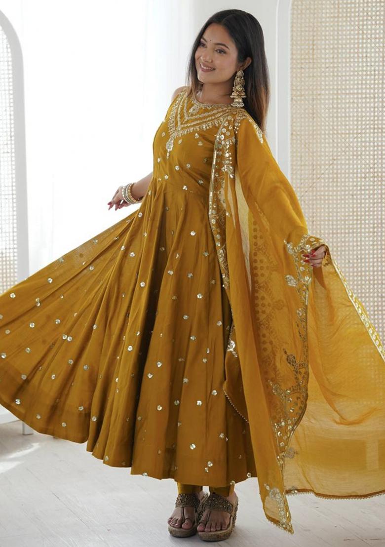 Mustard Embroidered Silk Kurta Set - Indya