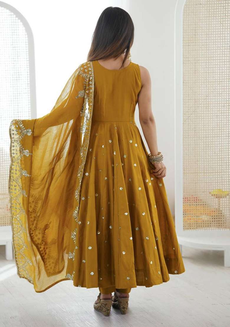 Mustard Embroidered Silk Blend Anarkali Set - Indya