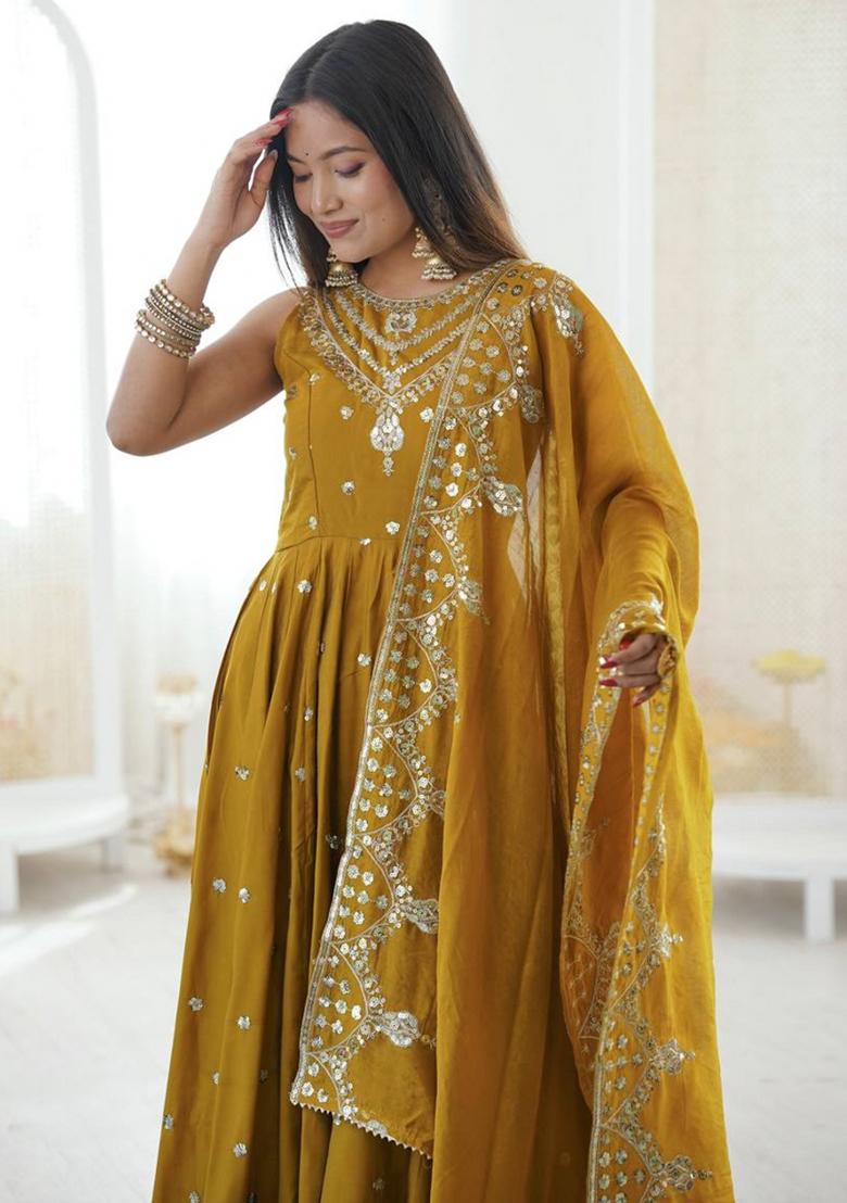 Mustard Embroidered Silk Kurta Set - Indya
