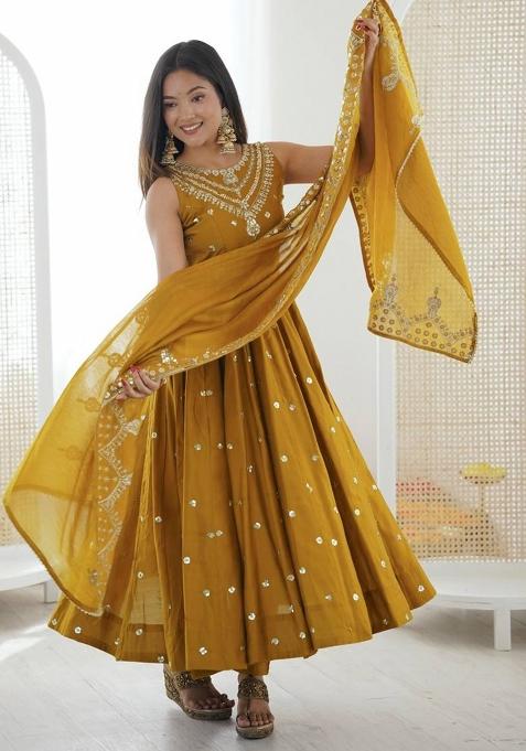 Mustard Embroidered Silk Kurta Set