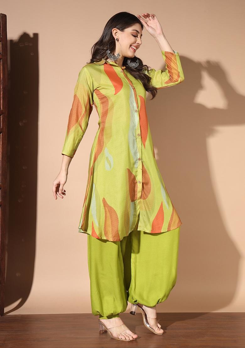 Green Printed Cotton Kurta Set - Indya