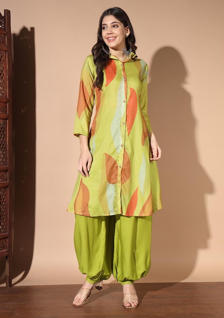 Green Printed Cotton Kurta Set - Indya