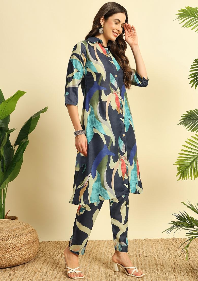 Blue Printed Cotton Kurta Set - Indya