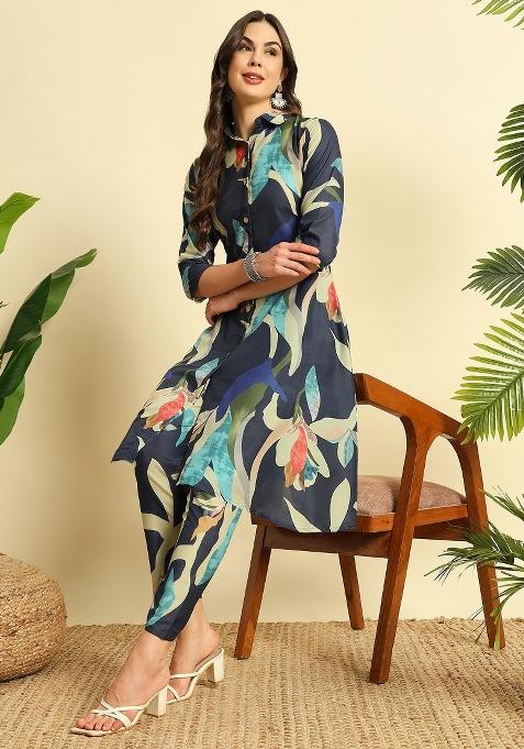 Blue Printed Cotton Kurta Set