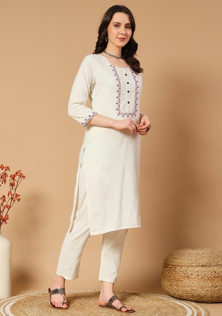 Off White Embroidery Cotton Kurta Set - Indya