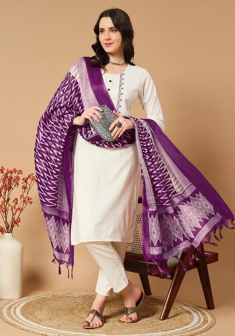 Off White Embroidery Cotton Kurta Set