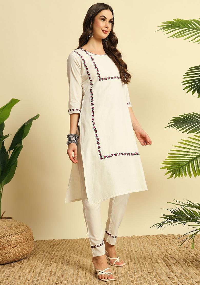 Cream Embroidery Cotton Kurta Set - Indya