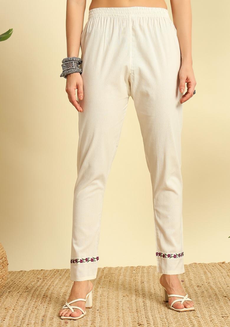 Cream Embroidery Cotton Kurta Set - Indya