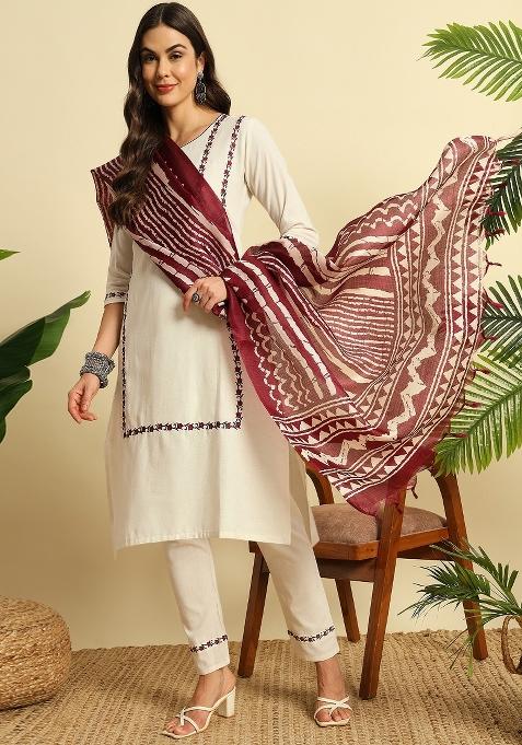Cream Embroidery Cotton Kurta Set