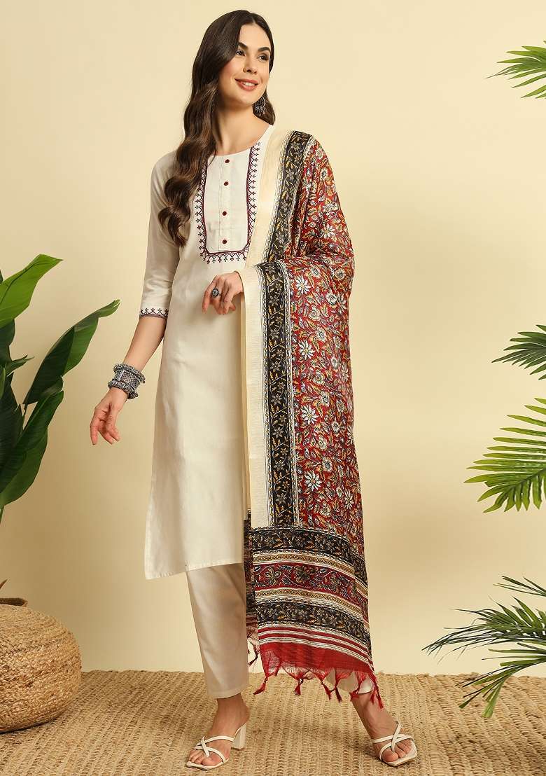 Cream Embroidery Cotton Kurta Set - Indya